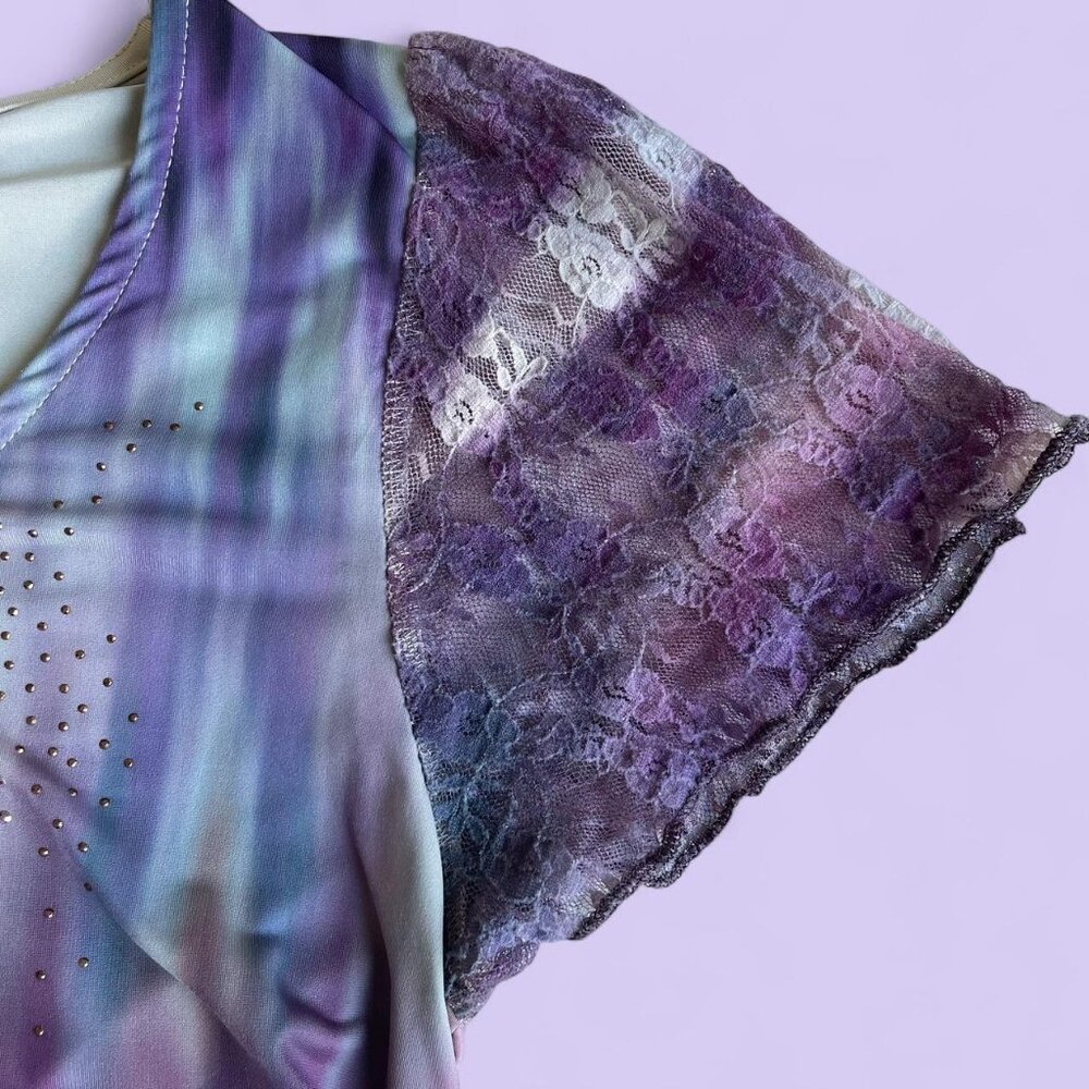 Vintage Y2K One World Top – Purple Ombre Lace Sleeves Size Medium - Picture 2 of 6